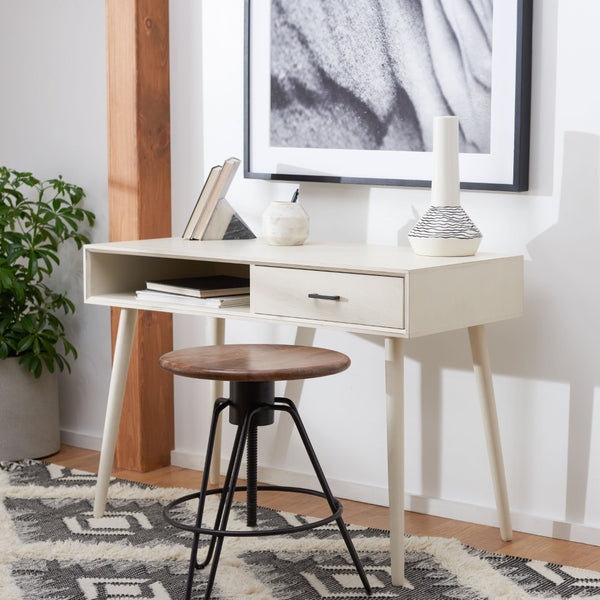 Safavieh Remy Mid-Century Modern Writing Desk With Storage Drawer & Distressed White Finish For Home Office DSK5700A