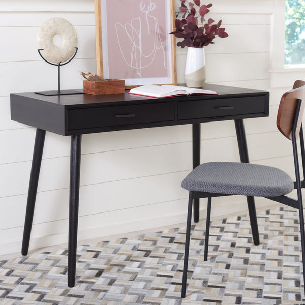 Safavieh O'Dwyer 2 Drawer Desk - Retro-Inspired Workspace With Stiletto Legs & Ample Storage For Home Office Black DSK5708D