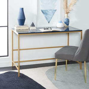 Safavieh Nova Glossy Navy Wooden Desk With Gold Legs - Modern Glam Home Office Furniture For Stylish Workspaces DSK5800C