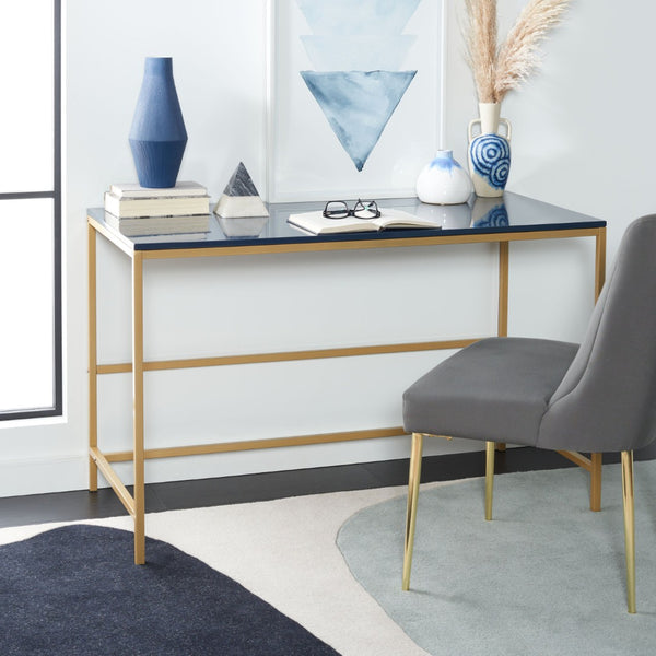 Safavieh Nova Glossy Navy Wooden Desk With Gold Legs - Modern Glam Home Office Furniture For Stylish Workspaces DSK5800C