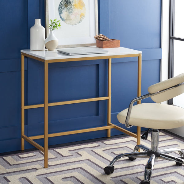 Safavieh Viv Glamorous Wooden Desk - Modern High-Gloss Finish For Stylish Home Office & Compact Spaces White Top / Gold Leg DSK5801A