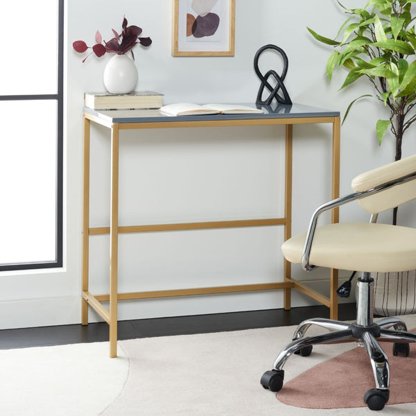 Safavieh Viv Glamorous Wooden Desk - Modern High-Gloss Finish For Stylish Home Office & Compact Spaces Light Grey / Gold Leg DSK5801C
