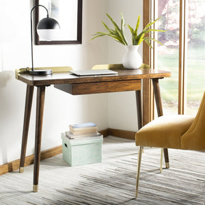 Safavieh Parker Mid-Century Modern 1 Drawer Desk - Stylish Home Office Solution With Velvet-Lined Storage Walnut/Gold DSK6400A