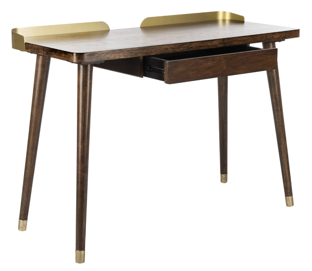Safavieh Parker Mid-Century Modern 1 Drawer Desk - Stylish Home Office Solution With Velvet-Lined Storage Walnut/Gold DSK6400A