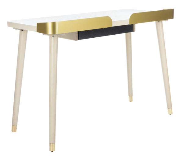 Safavieh Parker Mid-Century Modern 1 Drawer Desk - Stylish Home Office Solution With Velvet-Lined Storage White Washed/Gold DSK6400B
