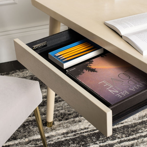 Safavieh Parker Mid-Century Modern 1 Drawer Desk - Stylish Home Office Solution With Velvet-Lined Storage White Washed/Gold DSK6400B
