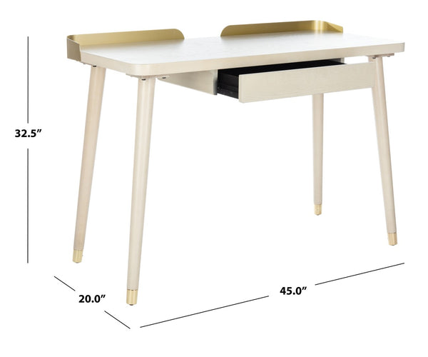 Safavieh Parker Mid-Century Modern 1 Drawer Desk - Stylish Home Office Solution With Velvet-Lined Storage White Washed/Gold DSK6400B