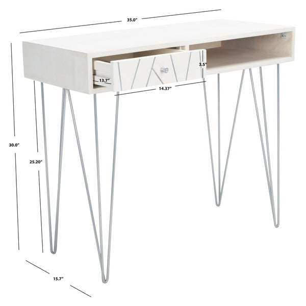 Safavieh Marigold Desk - Mid-Century Glamour With Asymmetrical Design, Perfect For Compact Workspaces And Storage White Wash/Silver DSK9001B