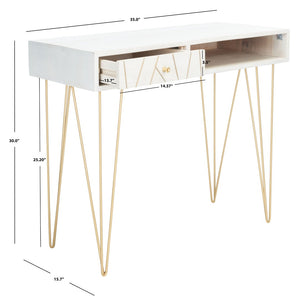 Safavieh Marigold Desk - Mid-Century Glamour With Asymmetrical Design, Perfect For Compact Workspaces And Storage White Wash/Brass DSK9001C