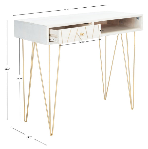 Safavieh Marigold Desk - Mid-Century Glamour With Asymmetrical Design, Perfect For Compact Workspaces And Storage White Wash/Brass DSK9001C