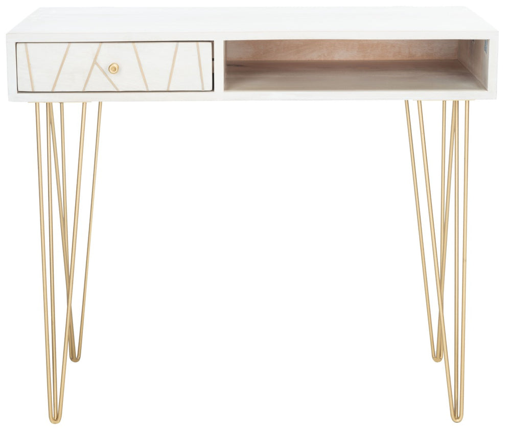 Safavieh Marigold Desk - Mid-Century Glamour With Asymmetrical Design, Perfect For Compact Workspaces And Storage White Wash/Brass DSK9001C