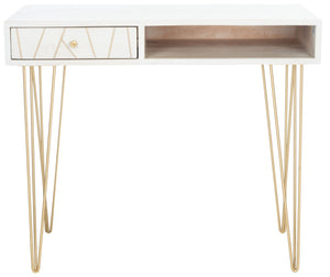 Safavieh Marigold Desk - Mid-Century Glamour With Asymmetrical Design, Perfect For Compact Workspaces And Storage White Wash/Brass DSK9001C