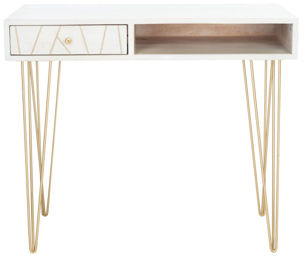 Safavieh Marigold Desk - Mid-Century Glamour With Asymmetrical Design, Perfect For Compact Workspaces And Storage White Wash/Brass DSK9001C