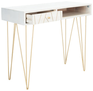 Safavieh Marigold Desk - Mid-Century Glamour With Asymmetrical Design, Perfect For Compact Workspaces And Storage White Wash/Brass DSK9001C