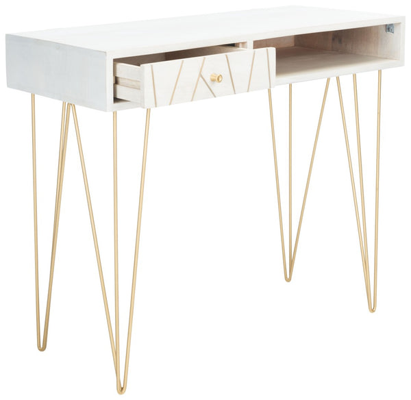 Safavieh Marigold Desk - Mid-Century Glamour With Asymmetrical Design, Perfect For Compact Workspaces And Storage White Wash/Brass DSK9001C
