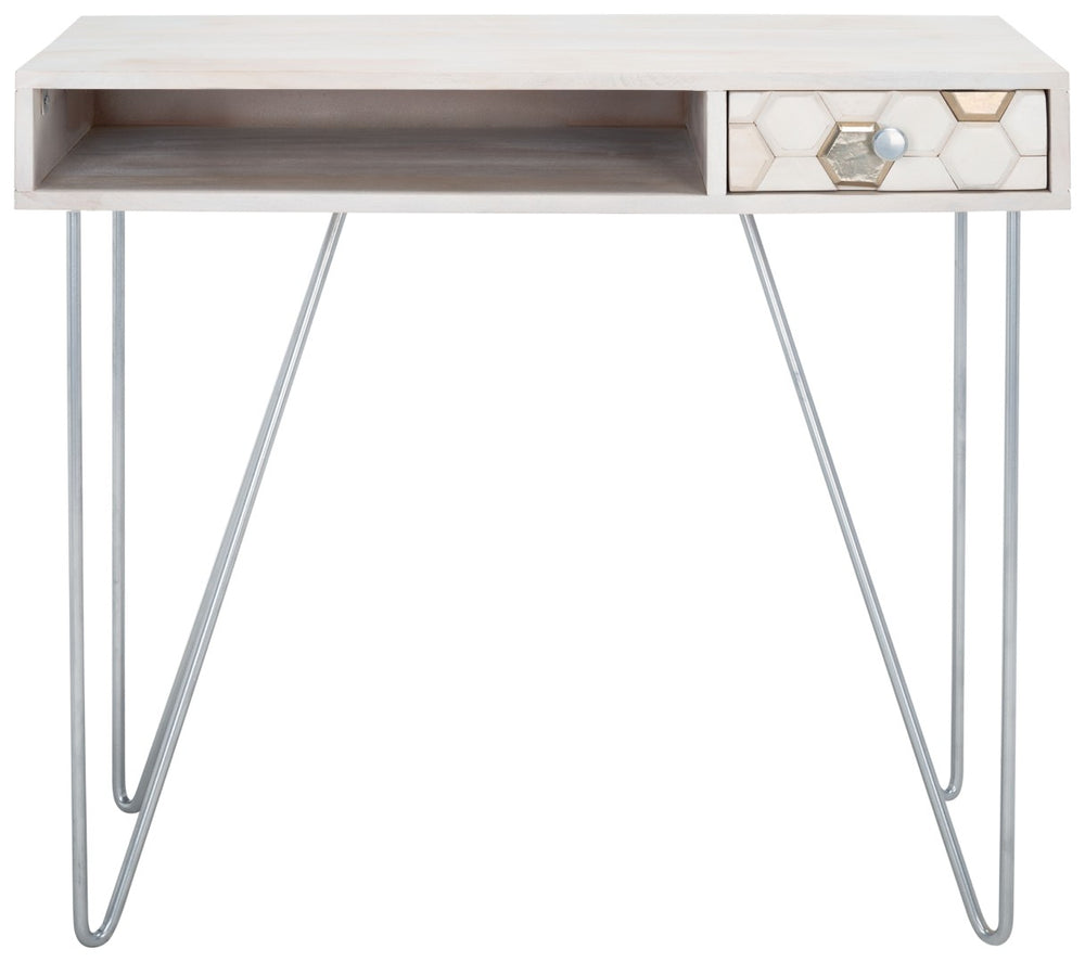Safavieh Raveena Desk - Modern Minimalist Design With Asymmetric Top And Glamorous Honeycomb Accents White Wash/ Mixed White Wash/Silver DSK9002B