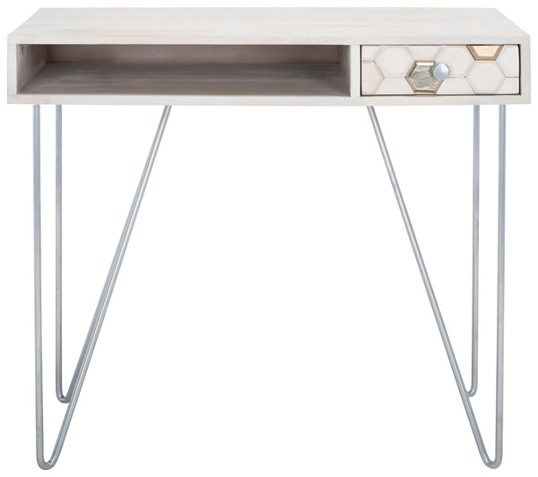 Safavieh Raveena Desk - Modern Minimalist Design With Asymmetric Top And Glamorous Honeycomb Accents White Wash/ Mixed White Wash/Silver DSK9002B