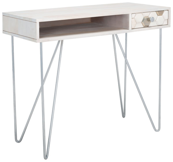 Safavieh Raveena Desk - Modern Minimalist Design With Asymmetric Top And Glamorous Honeycomb Accents White Wash/ Mixed White Wash/Silver DSK9002B