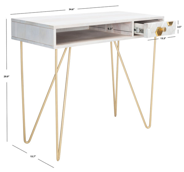 Safavieh Raveena Desk - Modern Minimalist Design With Asymmetric Top And Glamorous Honeycomb Accents White Wash/ Mixed White Wash/Brass DSK9002C