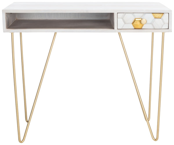 Safavieh Raveena Desk - Modern Minimalist Design With Asymmetric Top And Glamorous Honeycomb Accents White Wash/ Mixed White Wash/Brass DSK9002C