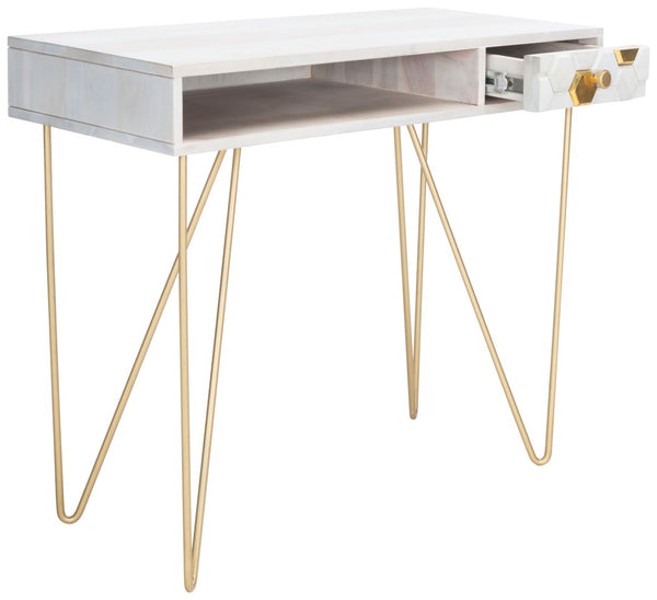 Safavieh Raveena Desk - Modern Minimalist Design With Asymmetric Top And Glamorous Honeycomb Accents White Wash/ Mixed White Wash/Brass DSK9002C