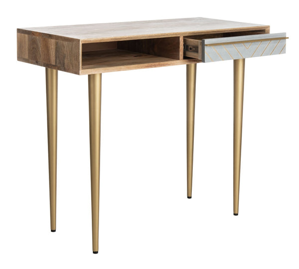 Safavieh Leni Desk - Modern Retro Mango Wood And Cement Desk With Brass Inlay For Stylish Home Office Spaces DSK9003A