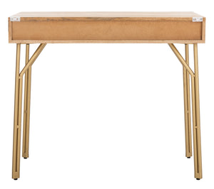 Safavieh Lily Modern 2-Drawer Desk With Sculpted Floral Design, Mango Wood & Brass Legs For Stylish Storage DSK9006A