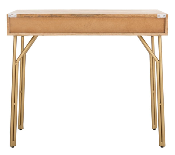 Safavieh Lily Modern 2-Drawer Desk With Sculpted Floral Design, Mango Wood & Brass Legs For Stylish Storage DSK9006A