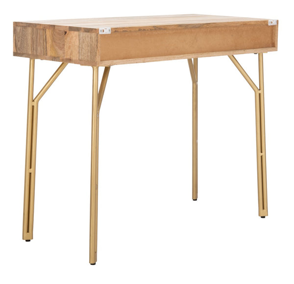 Safavieh Lily Modern 2-Drawer Desk With Sculpted Floral Design, Mango Wood & Brass Legs For Stylish Storage DSK9006A