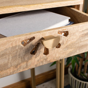 Safavieh Lily Modern 2-Drawer Desk With Sculpted Floral Design, Mango Wood & Brass Legs For Stylish Storage DSK9006A