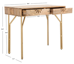 Safavieh Lily Modern 2-Drawer Desk With Sculpted Floral Design, Mango Wood & Brass Legs For Stylish Storage DSK9006A