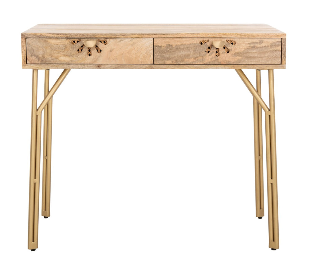 Safavieh Lily Modern 2-Drawer Desk With Sculpted Floral Design, Mango Wood & Brass Legs For Stylish Storage DSK9006A