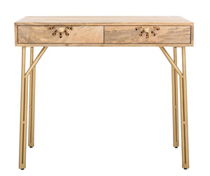 Safavieh Lily Modern 2-Drawer Desk With Sculpted Floral Design, Mango Wood & Brass Legs For Stylish Storage DSK9006A