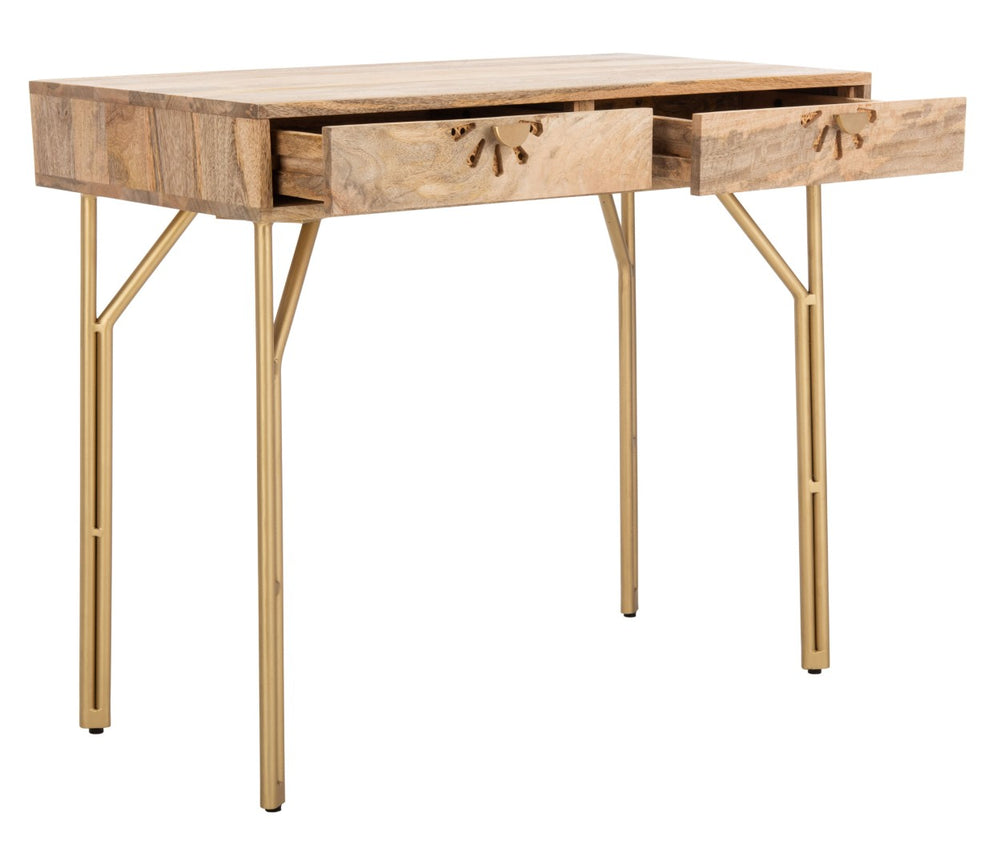 Safavieh Lily Modern 2-Drawer Desk With Sculpted Floral Design, Mango Wood & Brass Legs For Stylish Storage DSK9006A