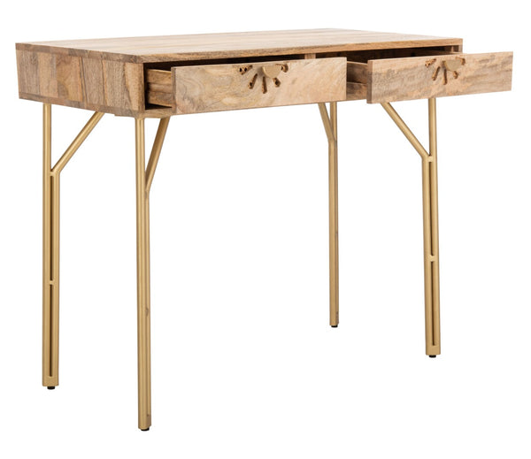 Safavieh Lily Modern 2-Drawer Desk With Sculpted Floral Design, Mango Wood & Brass Legs For Stylish Storage DSK9006A