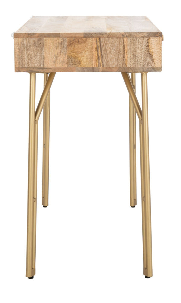 Safavieh Lily Modern 2-Drawer Desk With Sculpted Floral Design, Mango Wood & Brass Legs For Stylish Storage DSK9006A