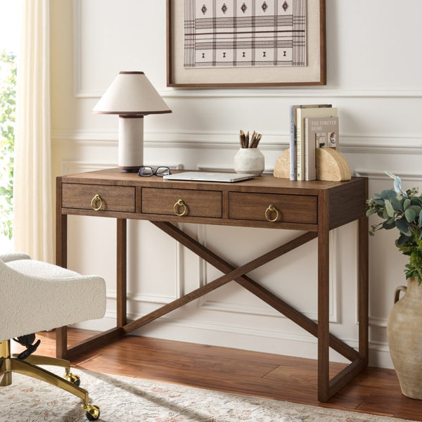 Safavieh Sadie 3 Drawer Writing Desk Bold Navy Finish for Home Office or Study Nook Chocolate DSK9201D