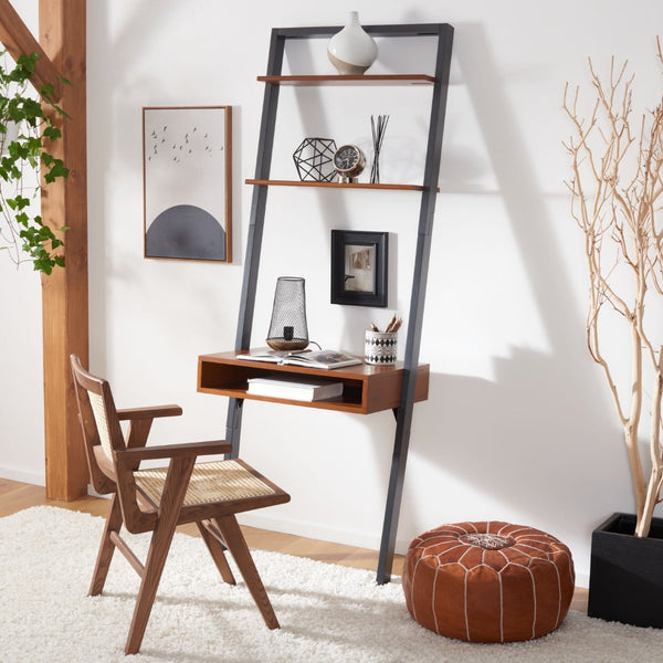 Safavieh Kamy Industrial Farmhouse Leaning Desk With Open Shelves For Stylish Compact Workspaces & Storage Honey Brown / Charcoal DSK9401C