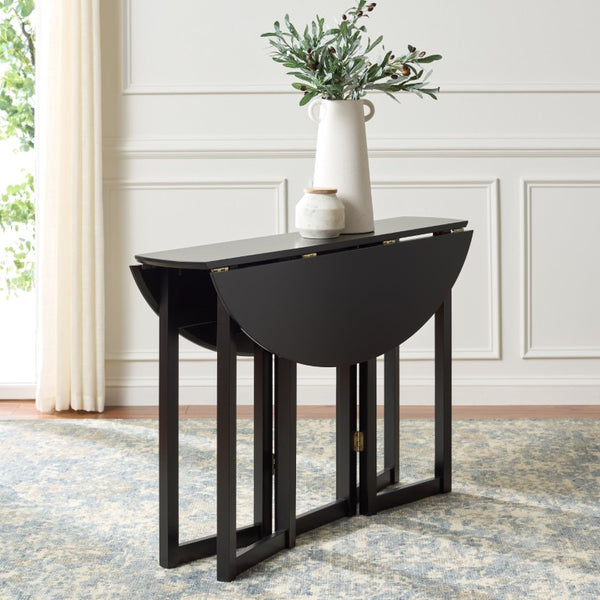Safavieh Roz Folding Round Wood Dining Table Matte Black Finish for Compact Modern Spaces DTB1412A