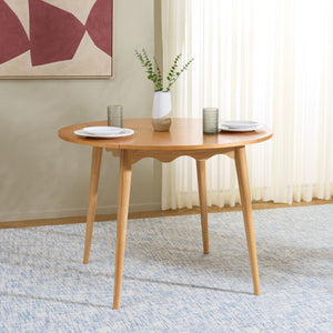 Roma Round Drop-Leaf Scallop Dining Table With Warm Wood Grain, Space-Saving Expandable Design