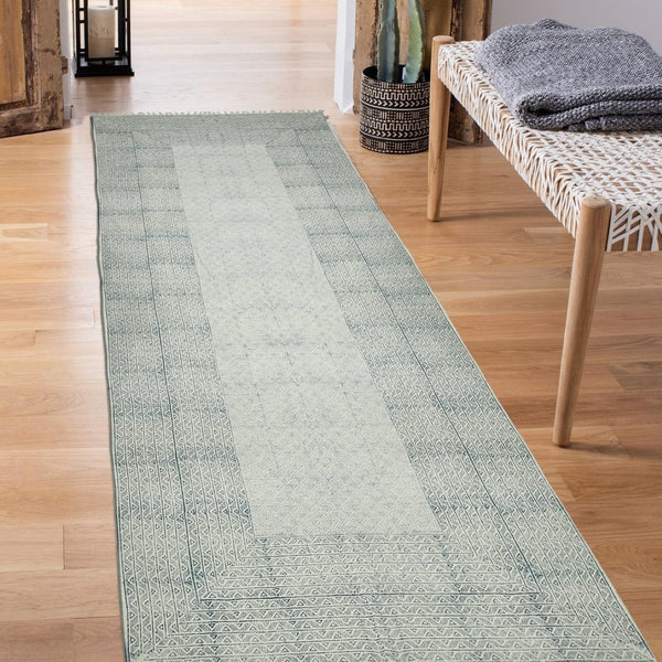 Amer Rugs Dune Hand-woven Distressed Geometric Flat-weave Cotton Runner Rug For Cozy Living Spaces Blue Cotton Dun62608