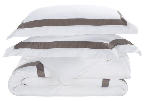 Safavieh Hotel Collection Percale Cotton Duvet Set with Tailored Border for a Serene Bedroom Grey/White Full/Queen DVT1000B-Q