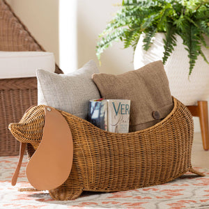Bali & Pari Daffodil Handwoven Natural Rattan Dachshund Storage Basket Boho Accent