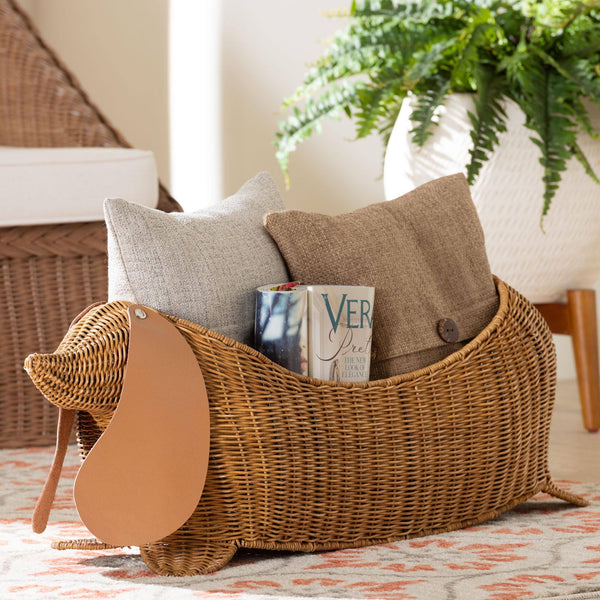 Bali & Pari Daffodil Handwoven Natural Rattan Dachshund Storage Basket Boho Accent