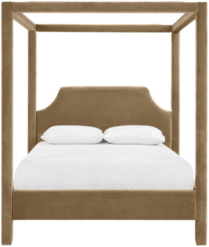 Meridian Furniture Dawson Art Deco Canopy Full Bed with Sculptural Frame and Plush Velvet Upholstered Headboard Beige DawsonBeige-F