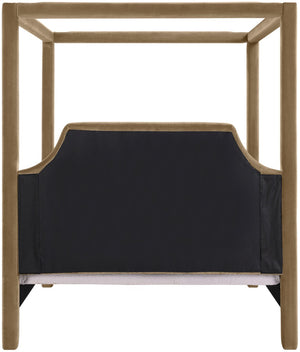 Meridian Furniture Dawson Art Deco Canopy Full Bed with Sculptural Frame and Plush Velvet Upholstered Headboard Beige DawsonBeige-F