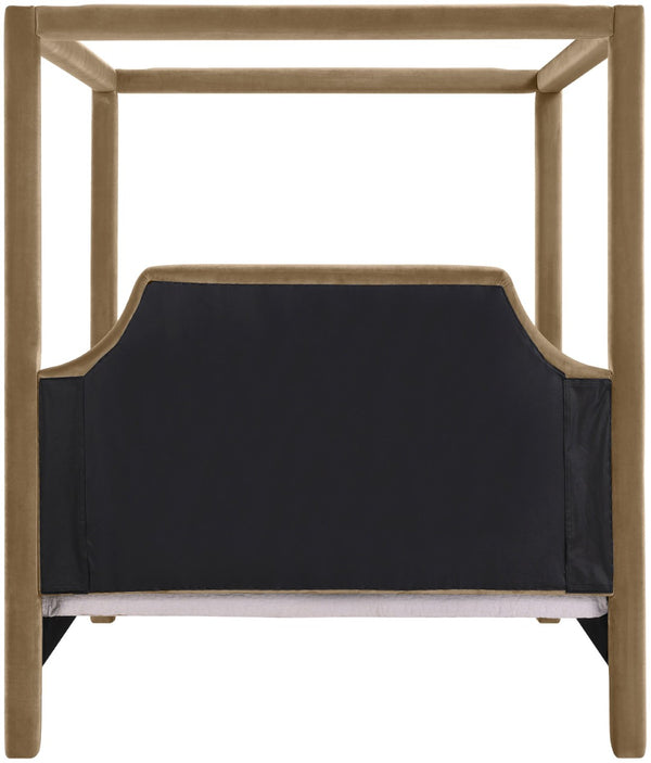 Meridian Furniture Dawson Art Deco Canopy Full Bed with Sculptural Frame and Plush Velvet Upholstered Headboard Beige DawsonBeige-F