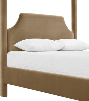 Meridian Furniture Dawson Art Deco Canopy Full Bed with Sculptural Frame and Plush Velvet Upholstered Headboard Beige DawsonBeige-F