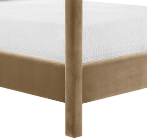 Meridian Furniture Dawson Art Deco Canopy Full Bed with Sculptural Frame and Plush Velvet Upholstered Headboard Beige DawsonBeige-F