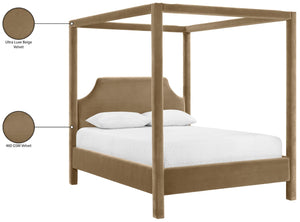 Meridian Furniture Dawson Art Deco Canopy King Bed Sculptural Velvet Upholstered Frame for Primary Bedrooms Beige DawsonBeige-K